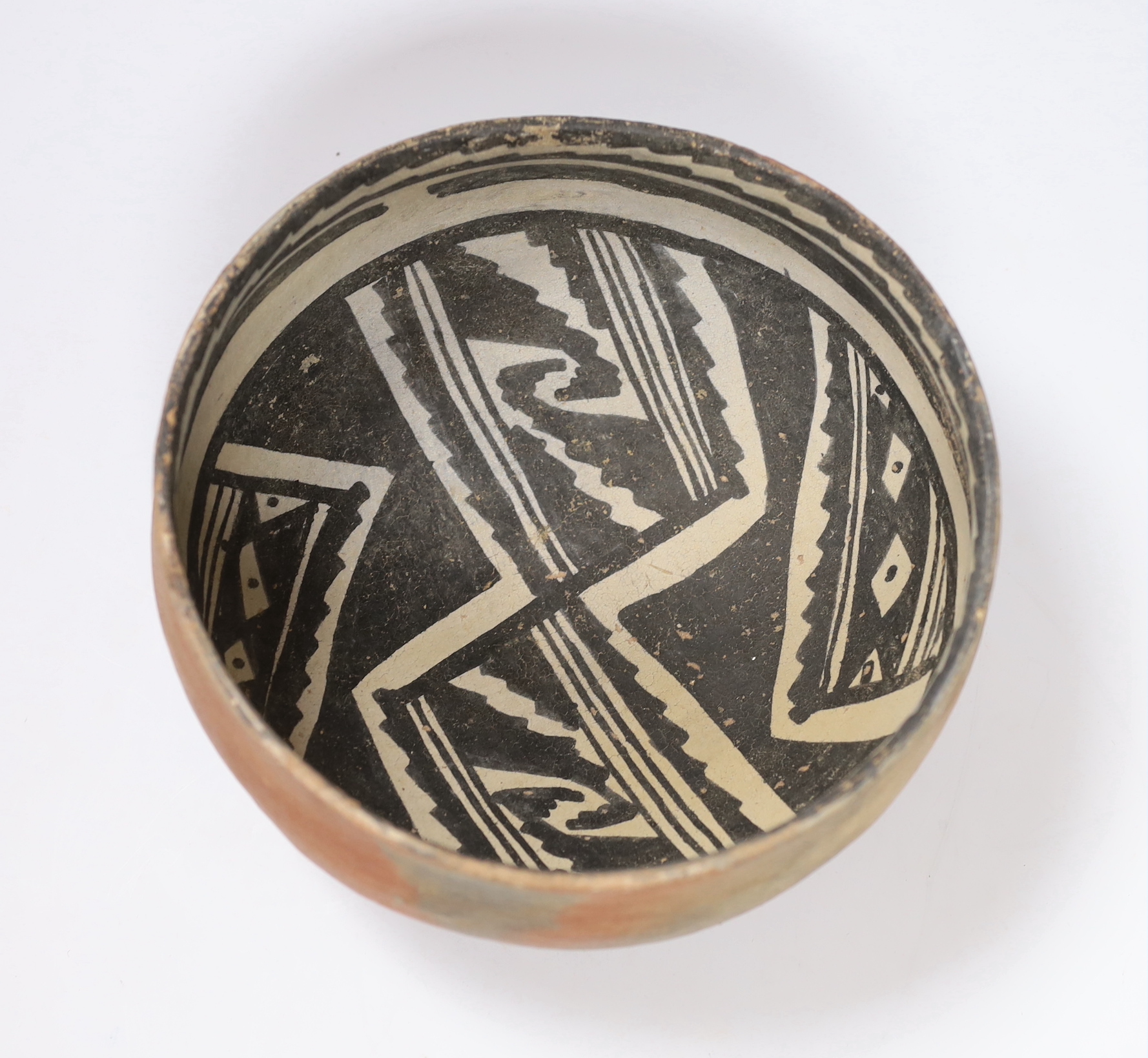 A pre-historic red bowl with black on white painted designs, Salado, Gila River, Arizona, 1250–1000 400 A.D., 20cm, Provenance - Gallery DeRoche, San Francisco, from the collection of the San Francisco architects and col